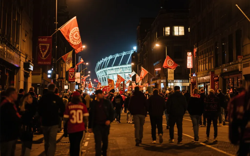 世界杯比赛日的城市街区：球迷步行去球场、街头旗帜与夜景氛围
